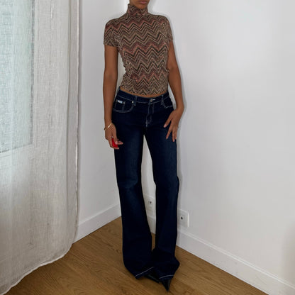 Italian Vintage Brown Burgundy Copper Metallic Chevron Zigzag Knit Short Sleeve Turtleneck Top