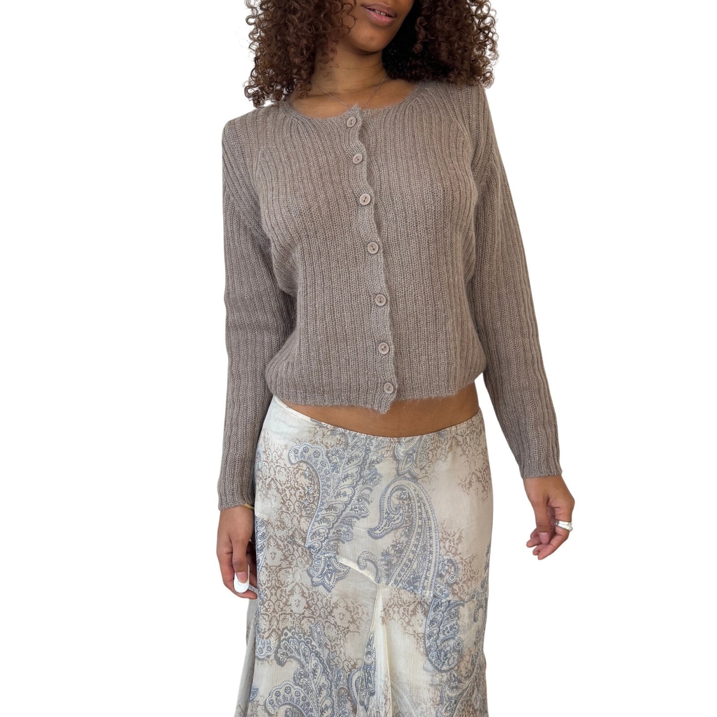 Italian Vintage taupe ribbed mohair-blend knit button-front cardigan (Medium)