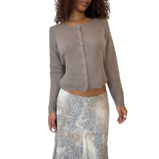 Italian Vintage taupe ribbed mohair-blend knit button-front cardigan (Medium)