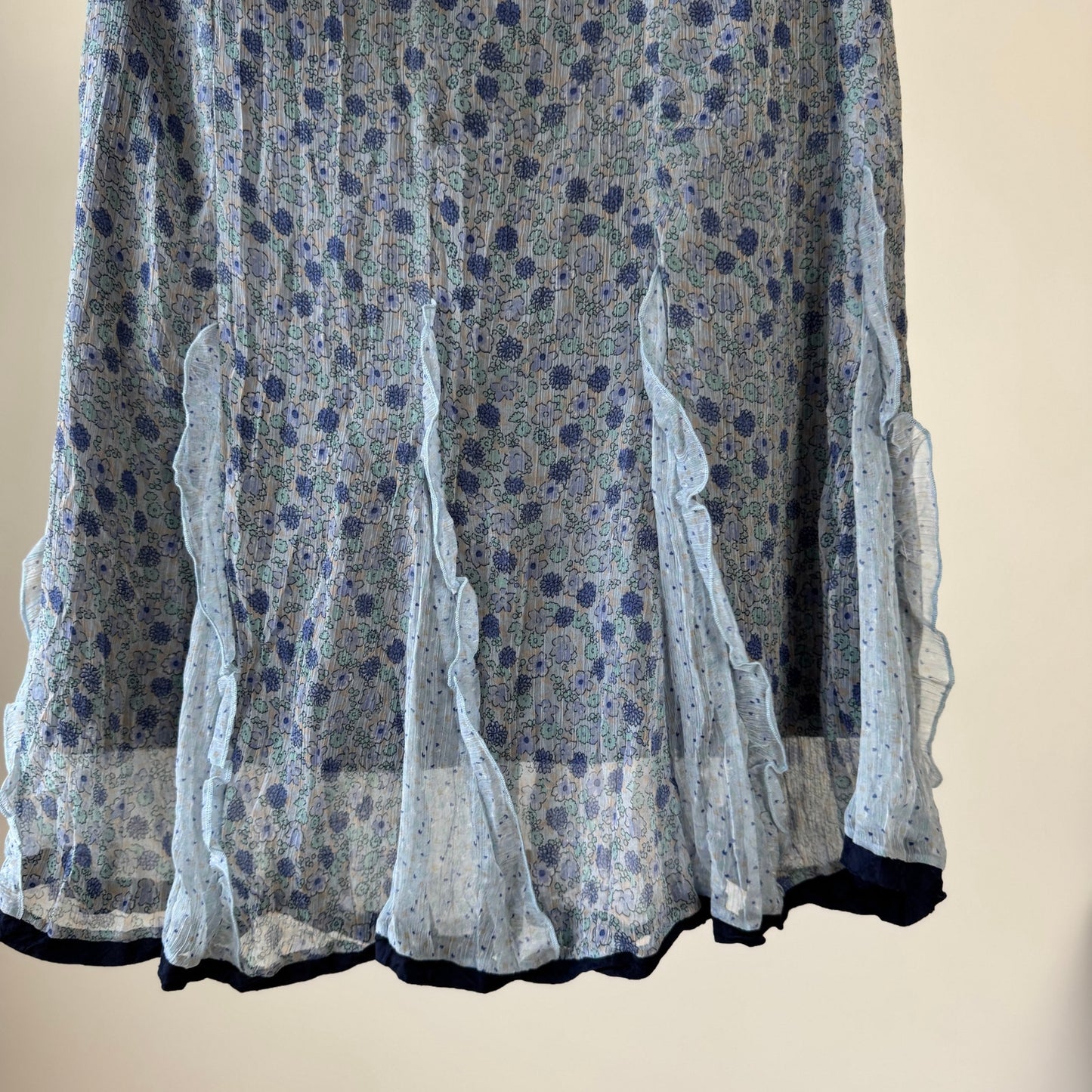 Vintage Italian blue floral chiffon midi skirt with silk ruffle inserts (S/M)