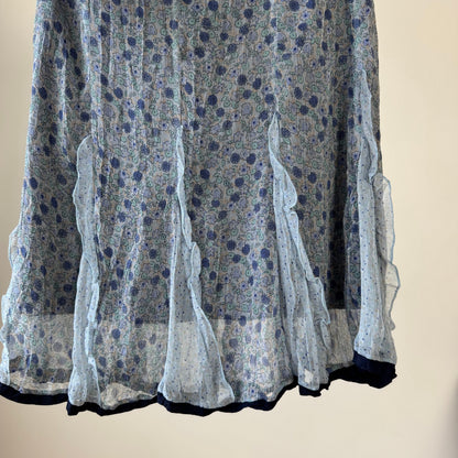 Vintage Italian blue floral chiffon midi skirt with silk ruffle inserts (S/M)