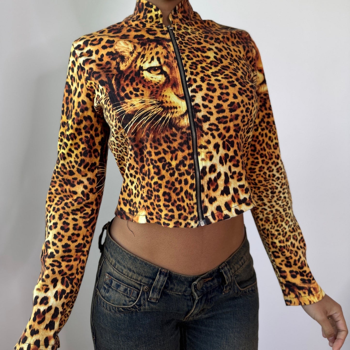 Vintage Brown Black Leopard Print Zip Up Jacket Italian Y2K (S)
