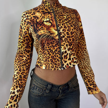 Vintage Brown Black Leopard Print Zip Up Jacket Italian Y2K (S)