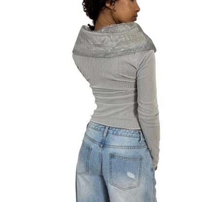Vintage euro silver grey organza tie front semi sheer long sleeve top with draped collar and button front (S)