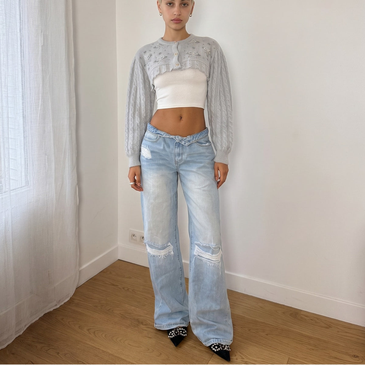 Vintage Italian 90s Grey Wool Beaded Bow Cropped Cardigan (S)