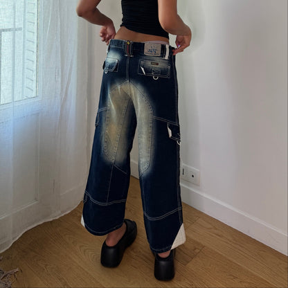Vintage Blue Wash Wide Leg Cargo Denim Capris Y2K (M)