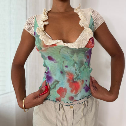Sonia Fortuna Italian vintage turquoise floral mesh top with crochet ruffle neckline & cap sleeves