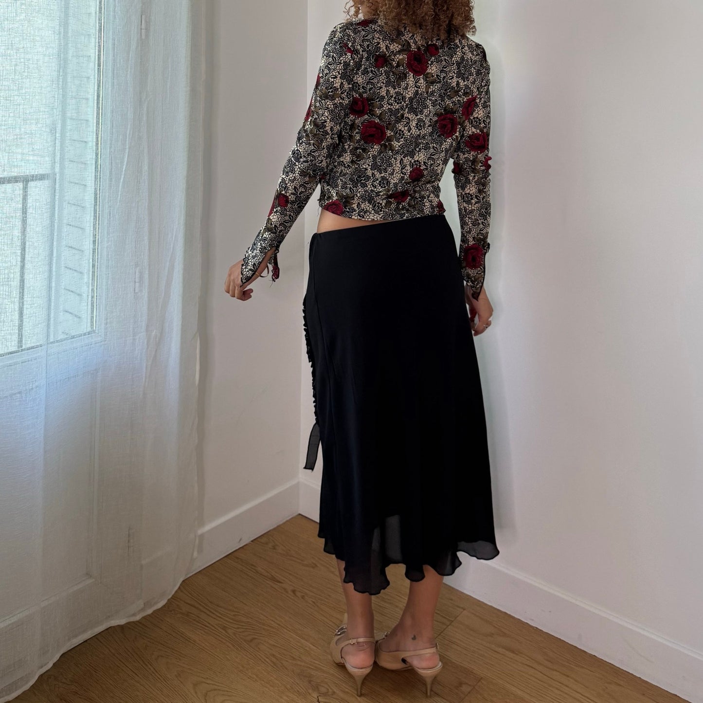 Vintage Black Red Rose Mesh Cami & Cardigan Set Floral Lace Y2K (S)