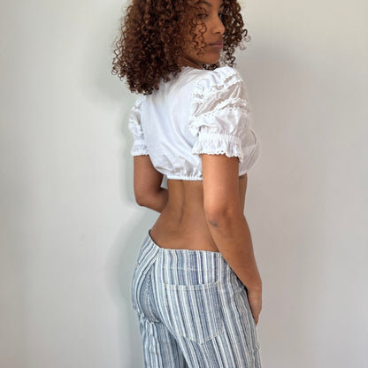 Vintage White Puff Sleeve Crop Top Lace Trim Y2K German (S)