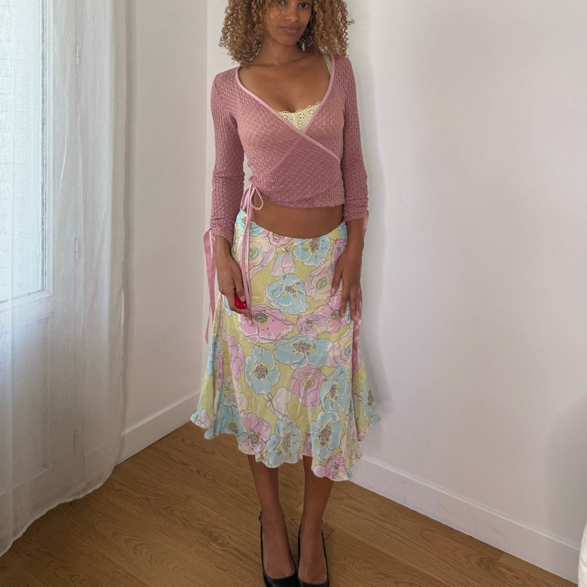 European vintage pastel floral print mesh midi skirt with flared hem