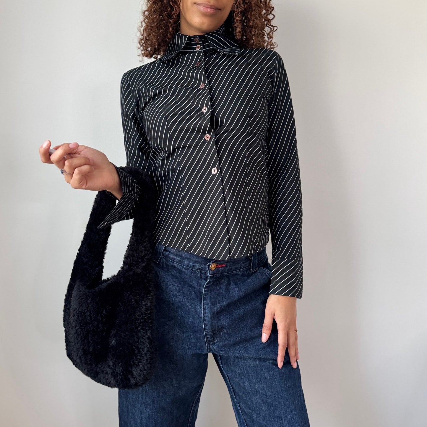 Vintage Italian Black Pinstripe Button Up Shirt Fitted Cotton (XS)