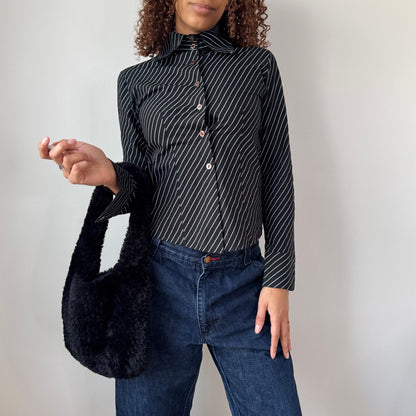 Vintage Italian Black Pinstripe Button Up Shirt Fitted Cotton (XS)