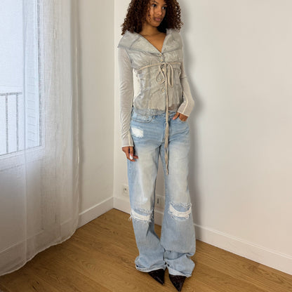 Vintage euro silver grey organza tie front semi sheer long sleeve top with draped collar and button front (S)