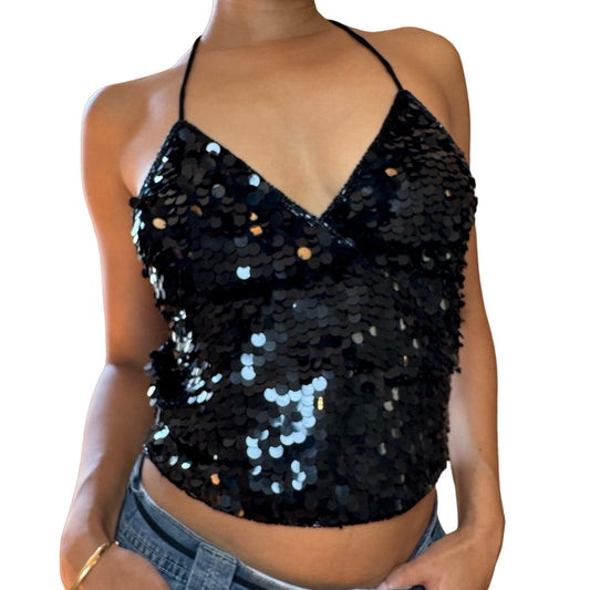 Italian Vintage black sequin halter top (S/M)