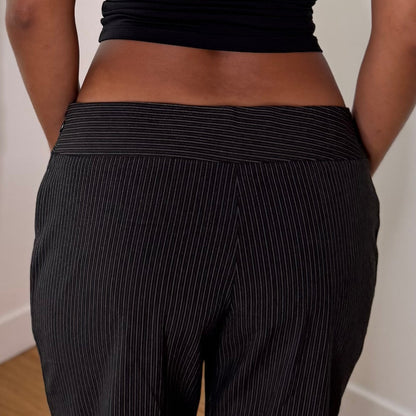 European vintage Y2K black & white pinstripe low-rise trousers with flared wide legs