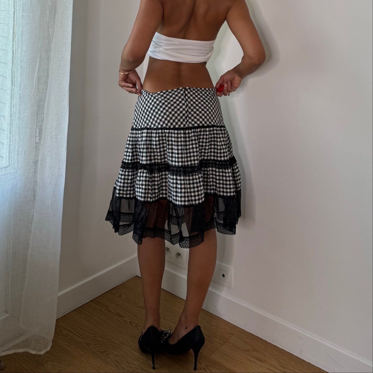 Vintage Black White Gingham Lace Tiered Midi Skirt Italian Y2K (S/M)
