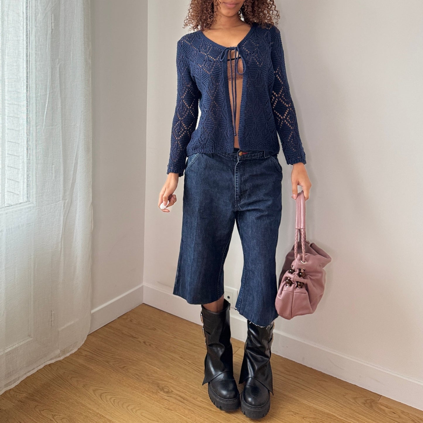 Vintage 90s Italian Blue Open Knit Tie Front Cardigan Sheer (S)