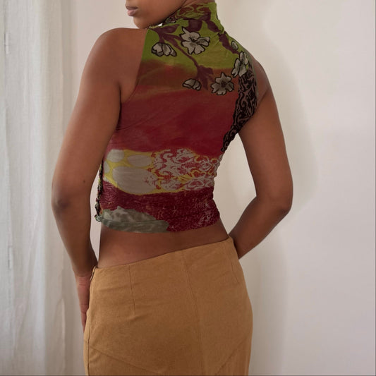 Italian vintage multicolor marled knit & floral mesh halter top with high neck