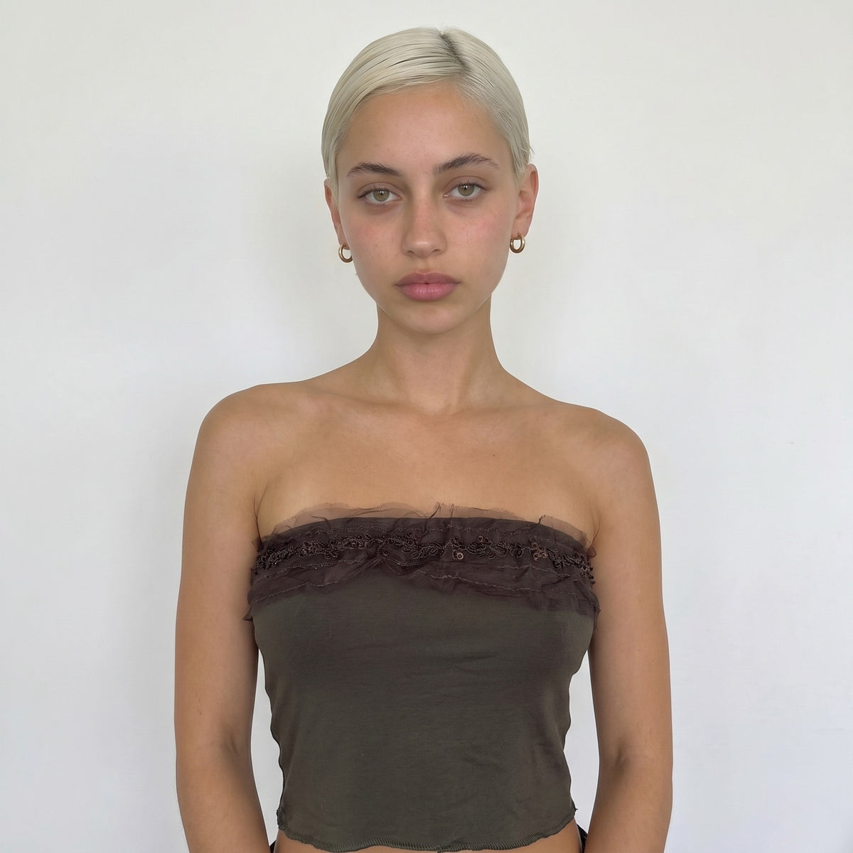 Vintage Italian Brown Beaded Strapless Tube Top (S)