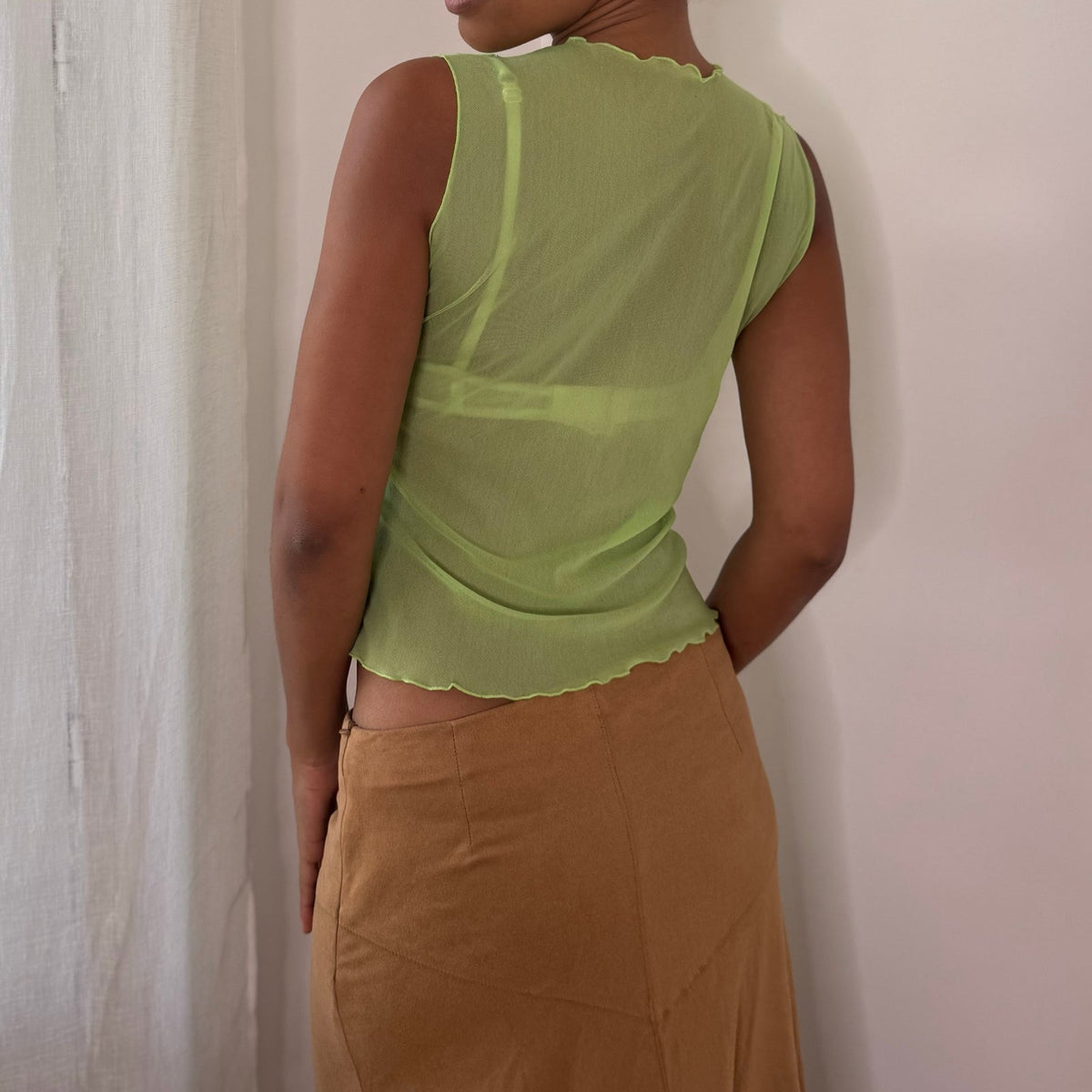 Italian vintage 00s lime green sheer mesh top with silver glitter script