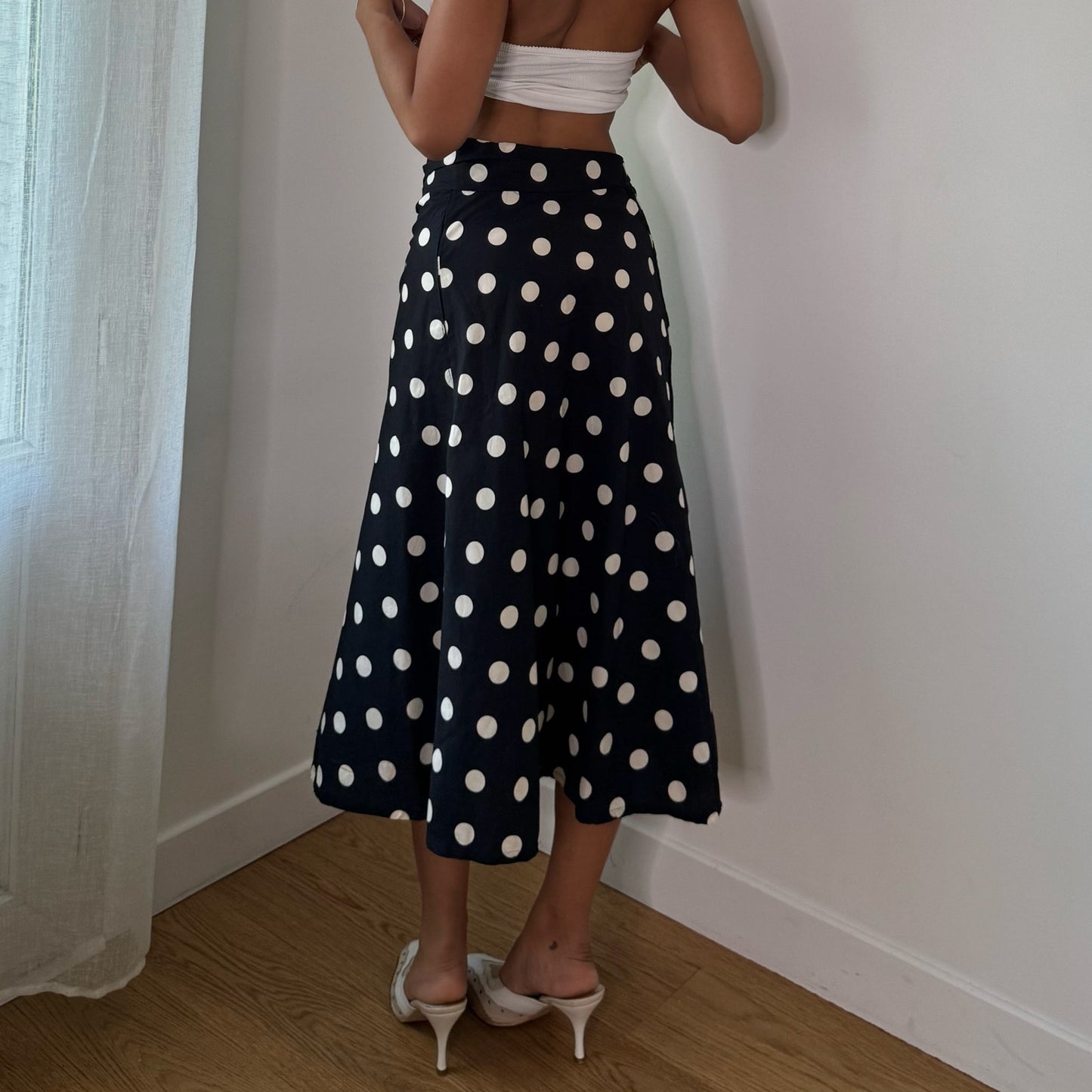 Vintage Italian Black White Polka Dot Wrap Midi Skirt Y2K (S)