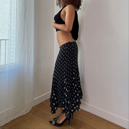 Vintage Y2K Black Polka Dot Silk Maxi Skirt with Ruffle Hem (S/M)