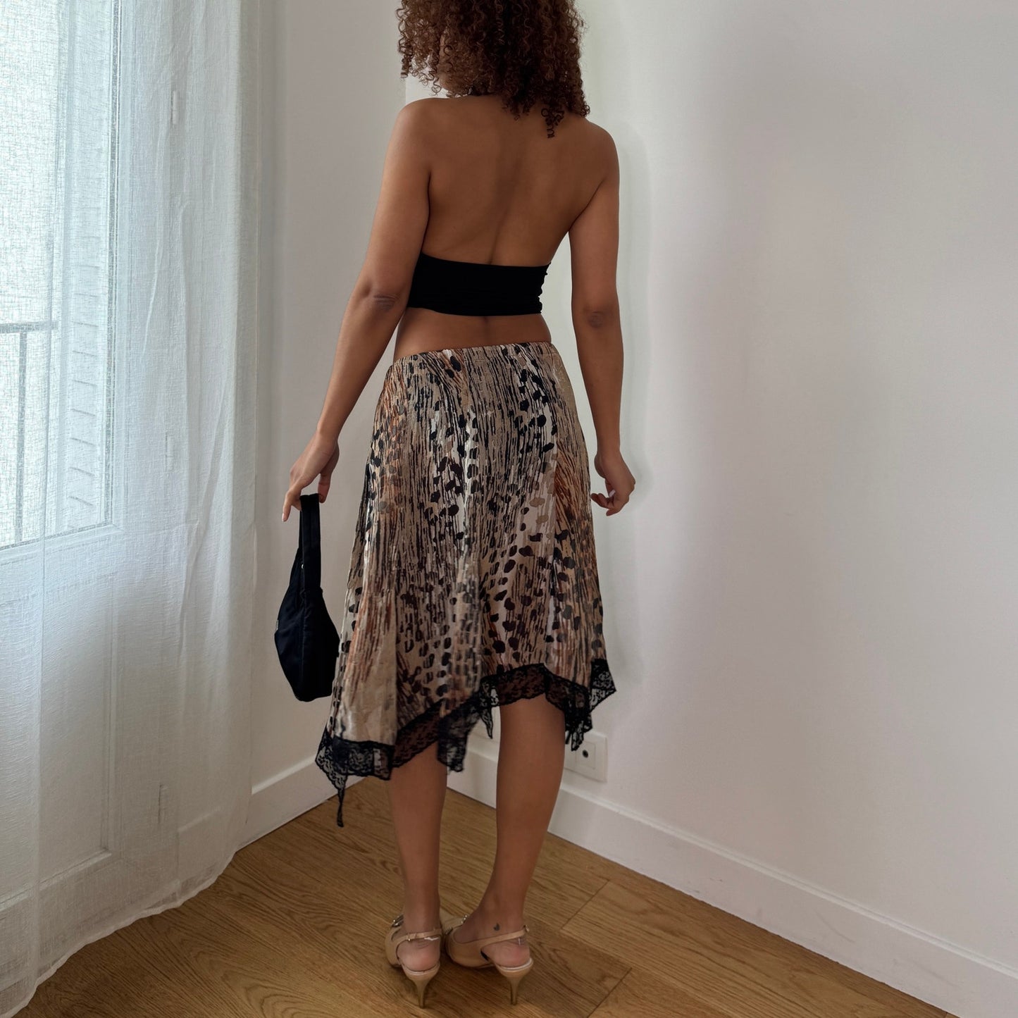 Vintage Animal Print Pleated Midi Skirt Italian Y2K Lace Hem Skirt (S) ⠀