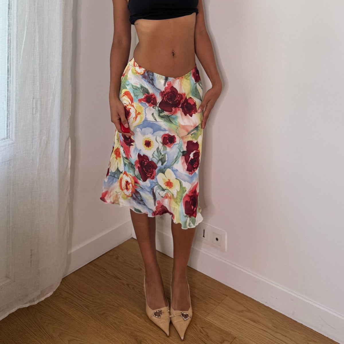 European vintage floral print mesh midi skirt with ruffled hem