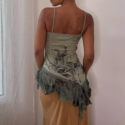 French vintage 2000s sage green graphic camisole top with floral print & asymmetric hem