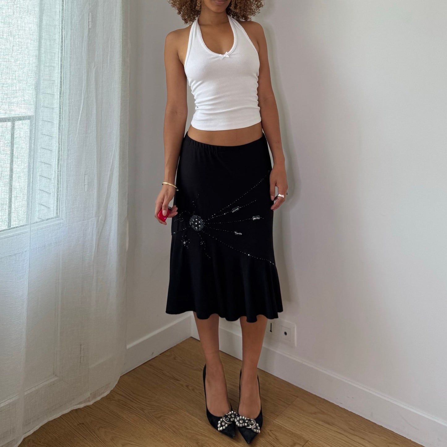 Vintage Black Embellished Slinky Midi Skirt Rhinestone Beaded Y2K (S)