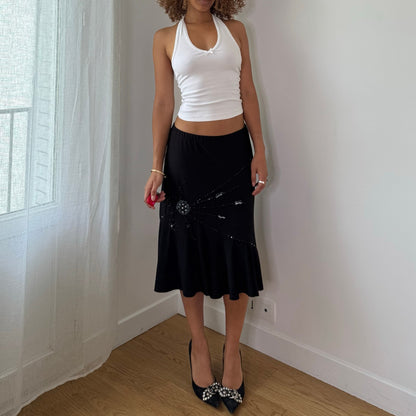 Vintage Black Embellished Slinky Midi Skirt Rhinestone Beaded Y2K (S)