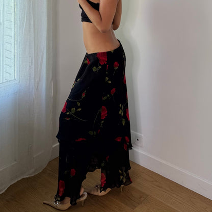 Vintage Italian Black Red Rose Floral Mesh Maxi Skirt (M)