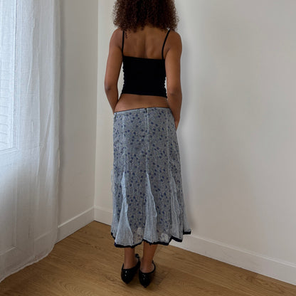 Vintage Italian blue floral chiffon midi skirt with silk ruffle inserts (S/M)