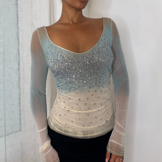 Italian vintage Y2K pale blue and ivory sequin embellished layered sheer mesh long sleeve top with ruched sleeves