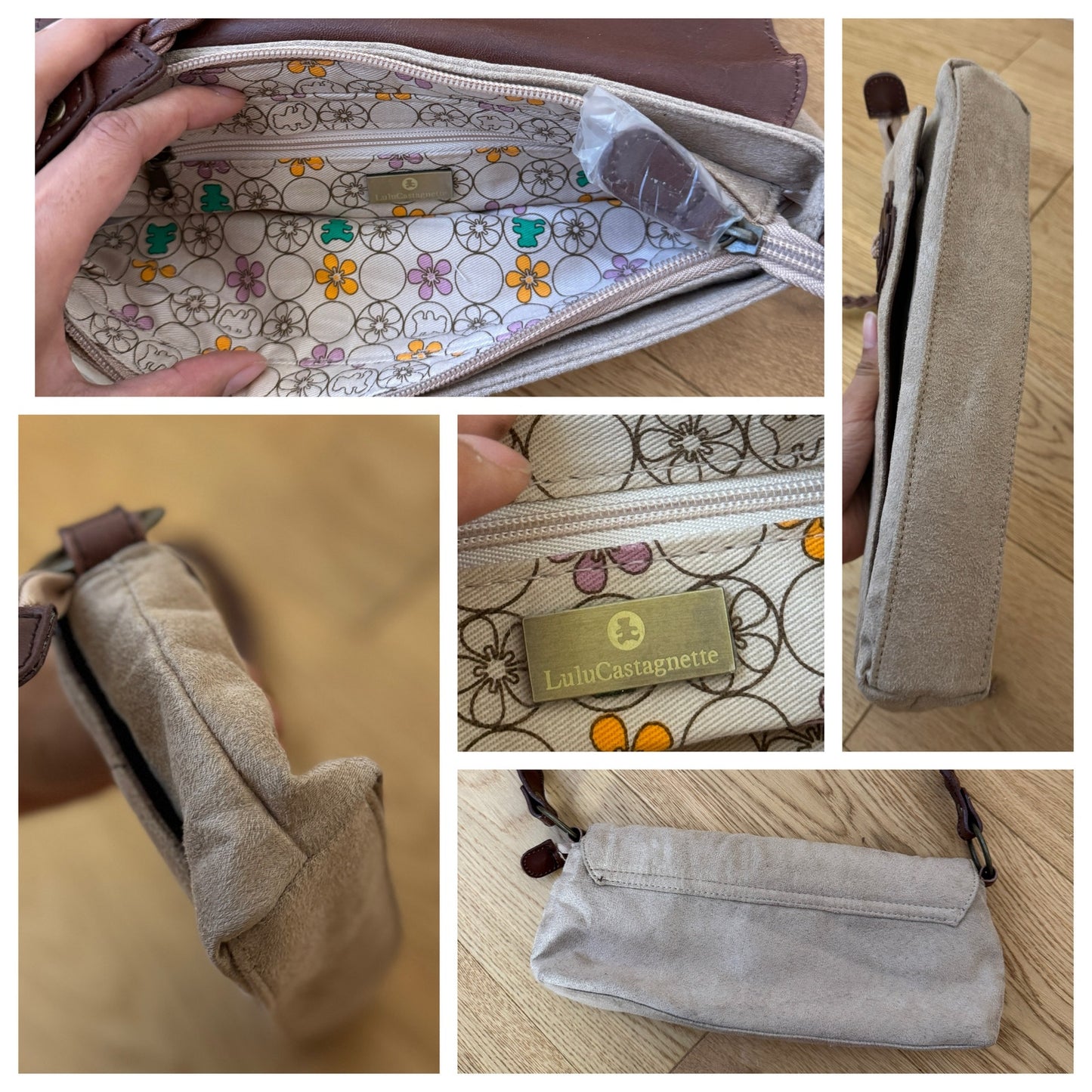 Vintage Lulu Castagnette Beige Faux Suede Shoulder Bag with Braided Strap