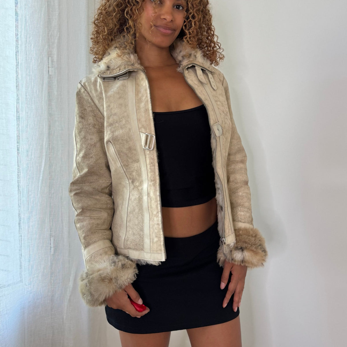 Vintage Mango Beige Taupe Genuine Pigskin Leather Faux Fur Leopard Lined Zip Up Jacket