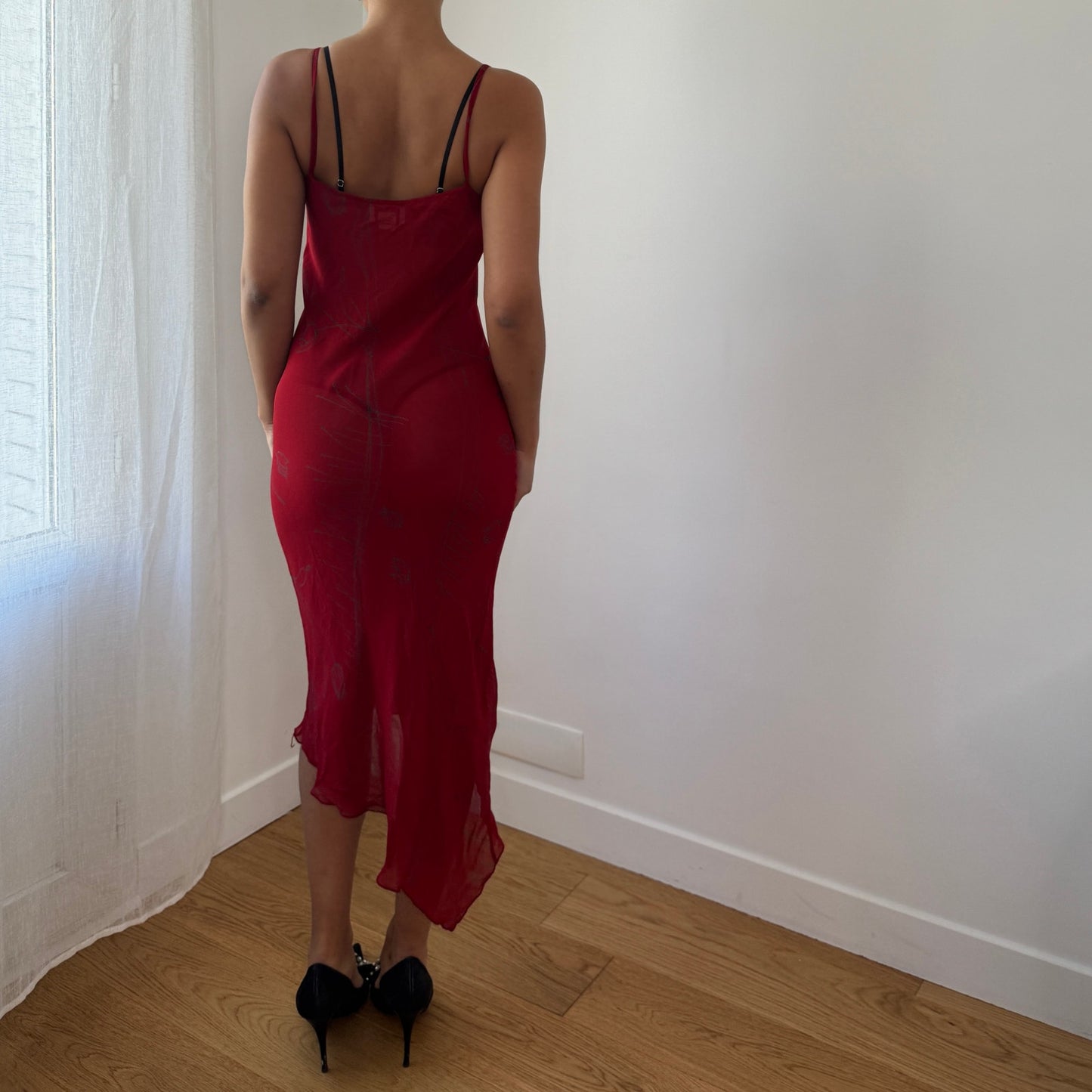 Vintage Italian Red Mesh Midi Dress Abstract Print Asymmetrical Hem (S)