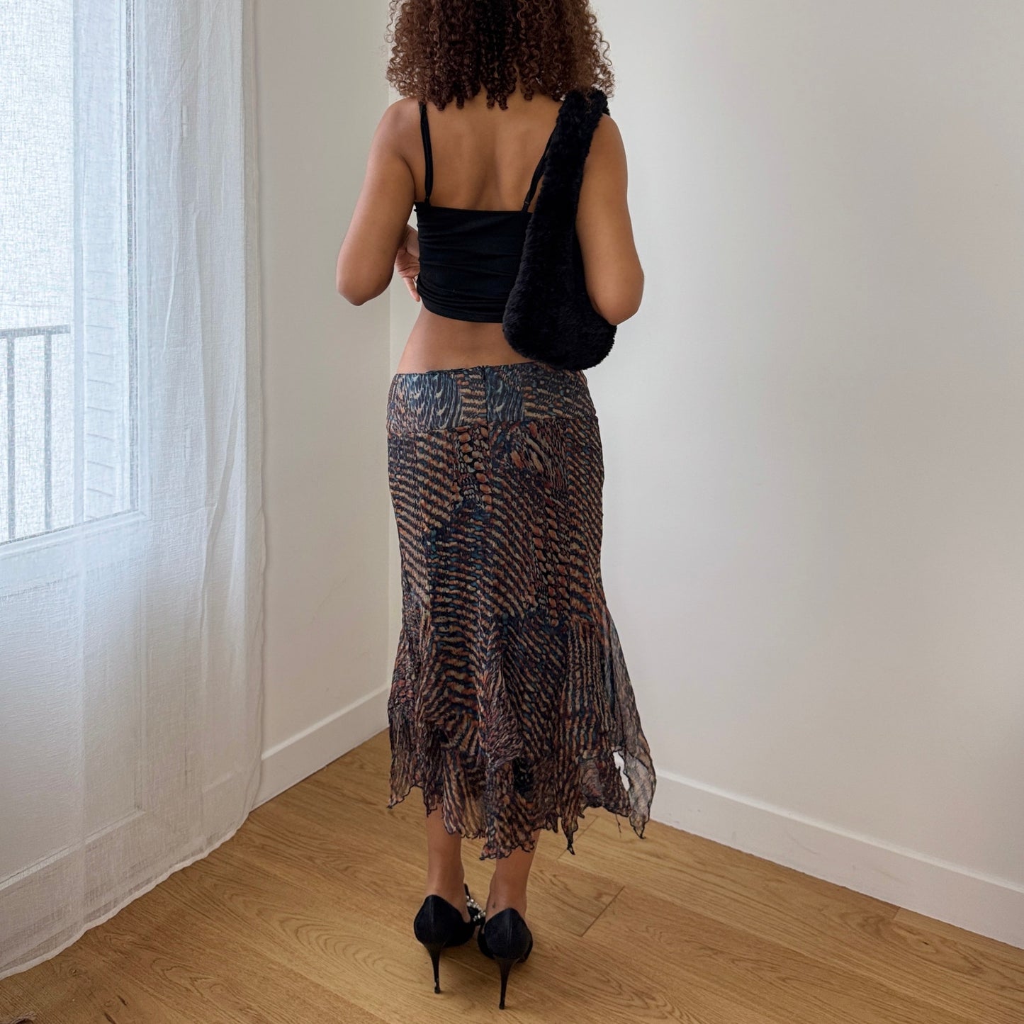 Vintage Italian Silk Mesh Midi Skirt Abstract Animal Print Ruffle Hem (S)