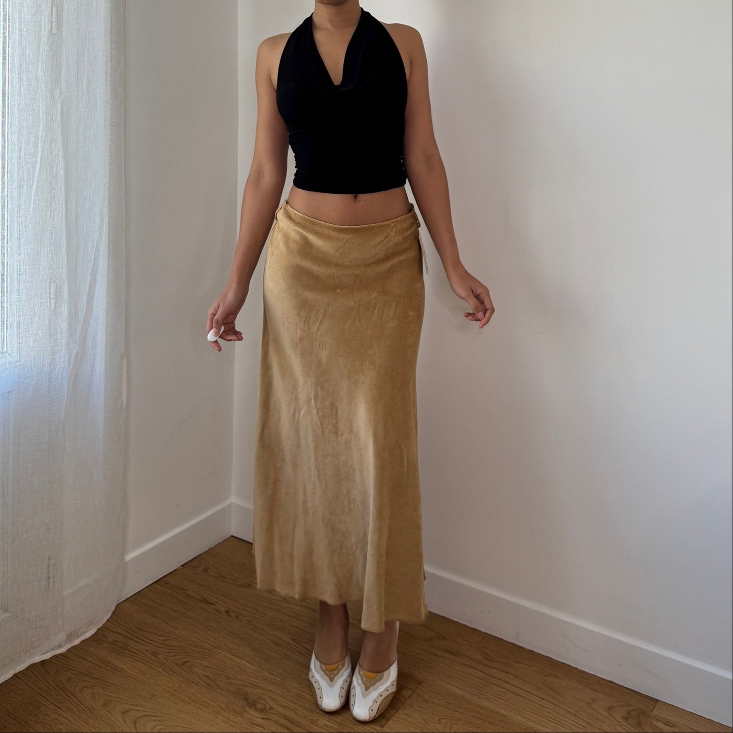 Vintage Camel Suede Midi Skirt Deadstock Y2K Italian (S)
