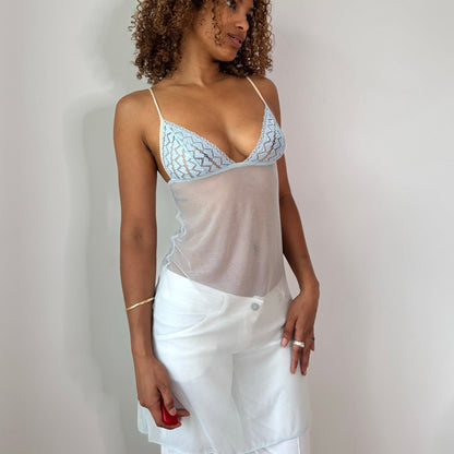 Vintage Intimissimi White Mesh Slip Dress Blue Lace Lingerie Y2K (S)