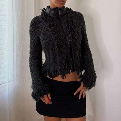 Italian vintage Y2K charcoal grey textured wool blend zip-up jacket with quilted panels and high collar