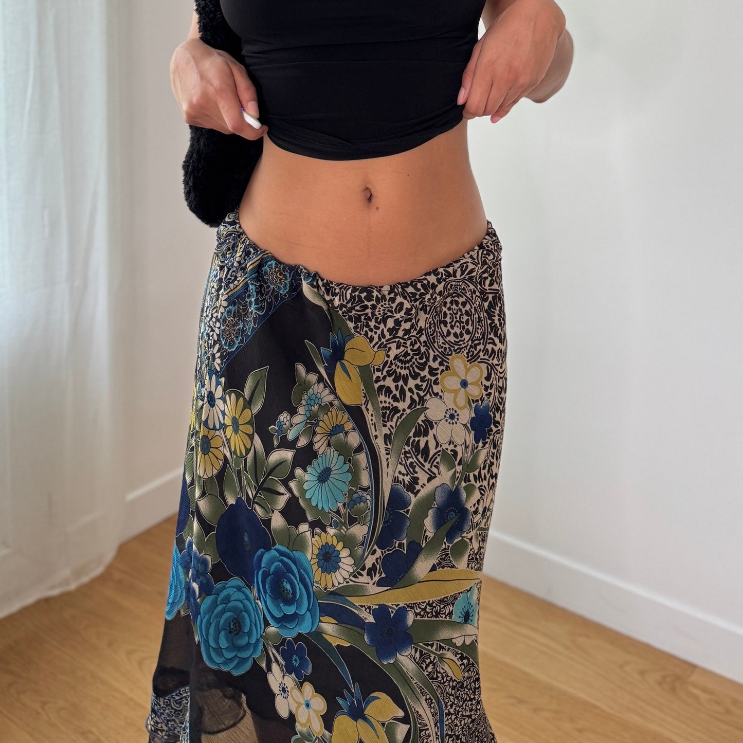 Vintage Blue Rose Floral Mesh Midi Skirt Sheer Layered Y2K Skirt (S) ⠀
