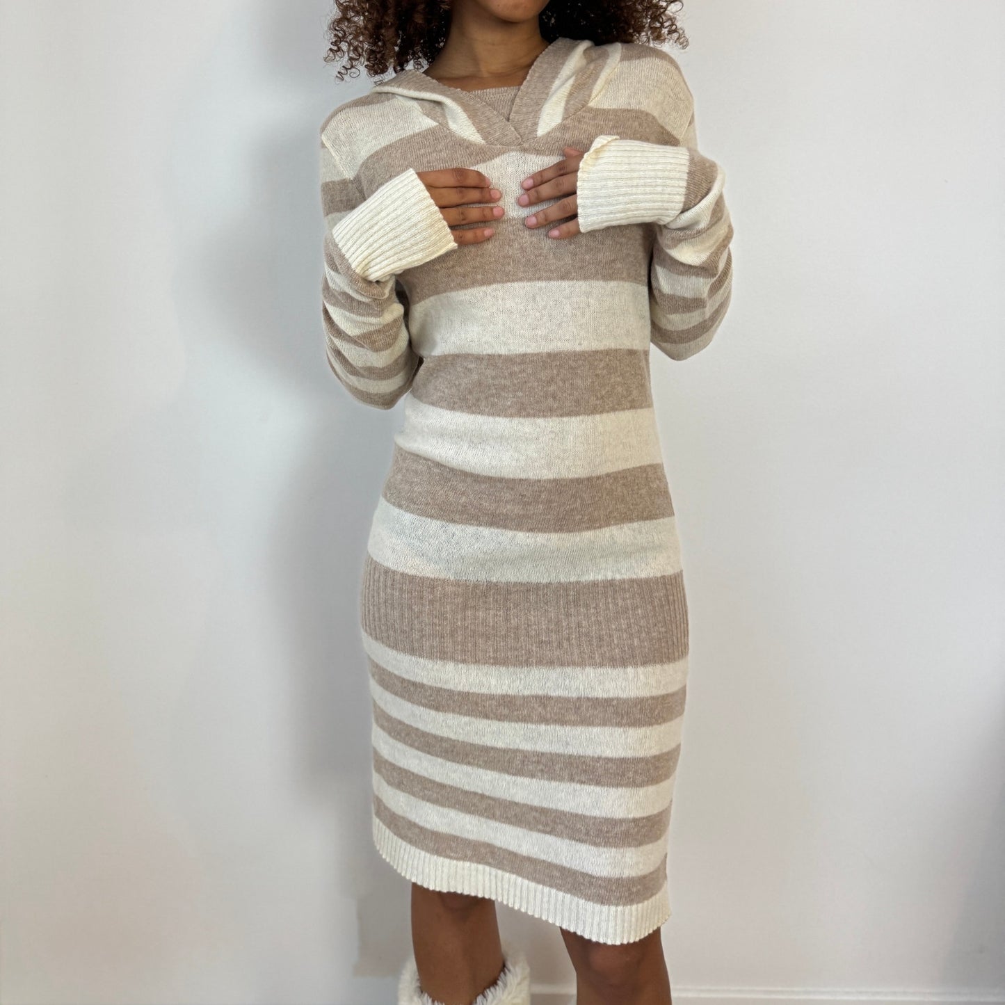 Vintage Italian Beige & Cream Striped Hooded Knit Sweater Dress (Small)