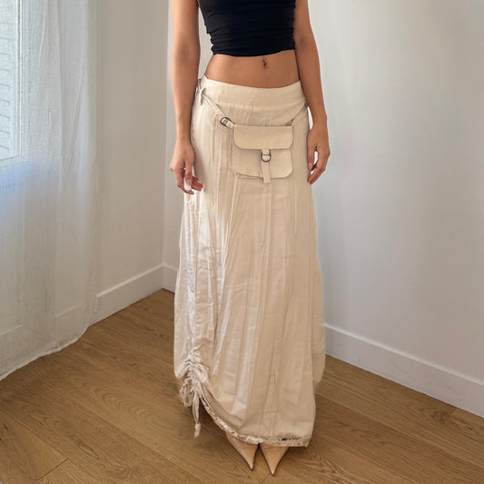 Vintage French Cream Maxi Skirt Ruched Hem (XS/S)