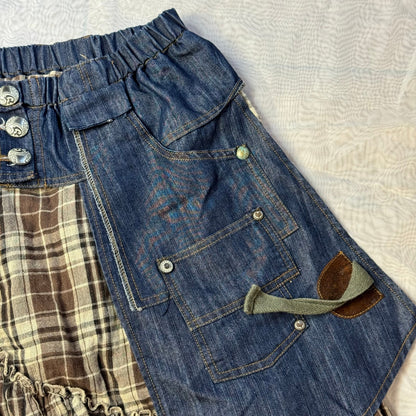 Vintage 00s plaid midi skirt with denim waistband and back (XS/S)