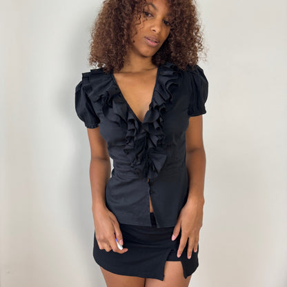 Vintage Italian Ruffle Front Button-Up Blouse (XS/S)