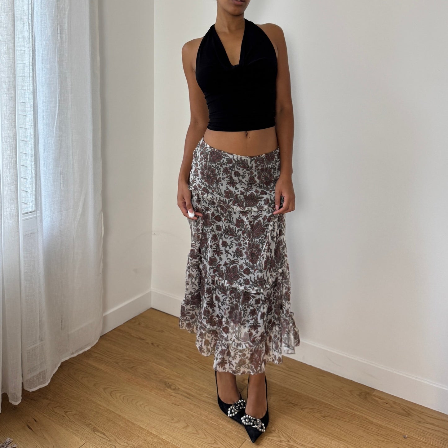 Vintage Italian Floral Sheer-Overlay Ruffle Midi Skirt (Small)