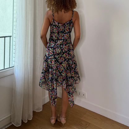 Vintage Black Red Pink Green Floral Mesh Handkerchief Midi Dress Y2K (M)