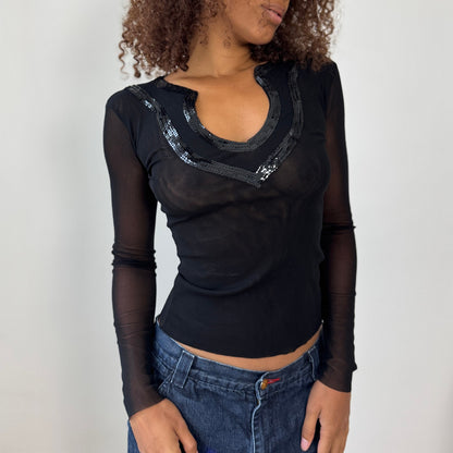 Vintage Euro Black Mesh Long-Sleeve Top with Sequin V-Neck (XS/S)