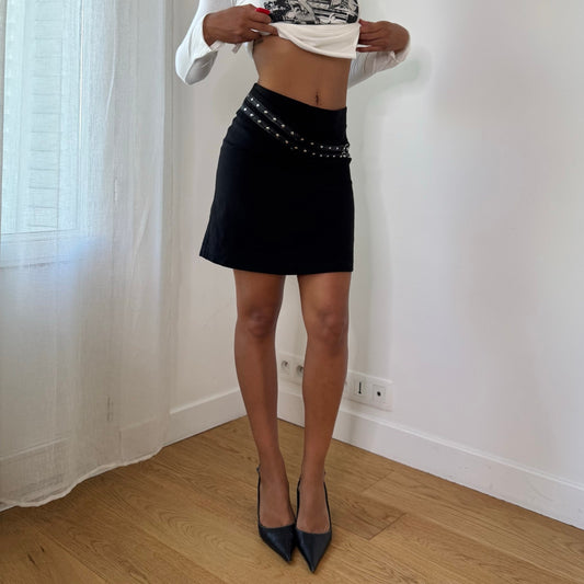 French Vintage Black Studded Low Rise Mini Skirt with Layered Belt Detail